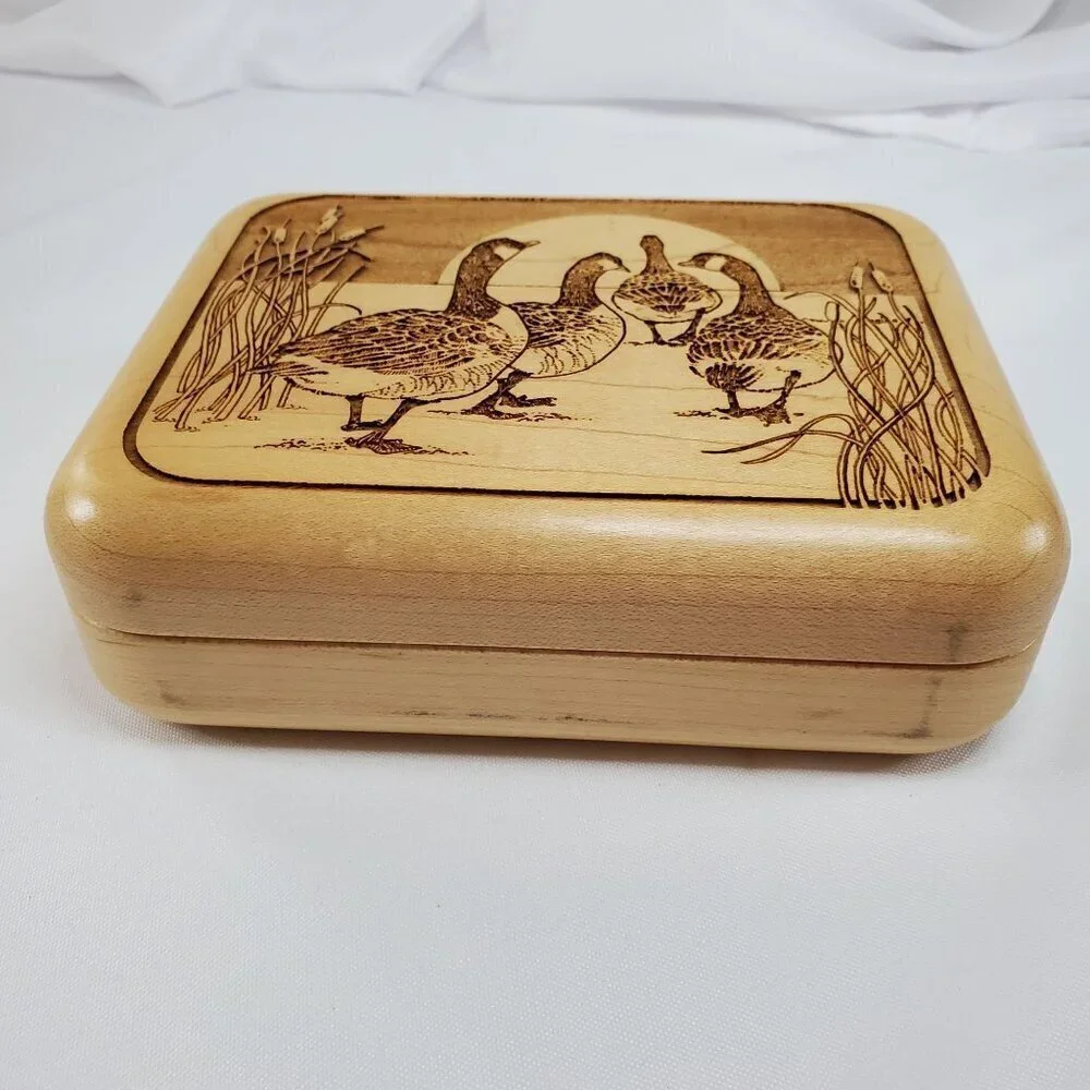 VTG Laz-Art Laser Etched Handcrafted Wood Lidded Jewelry Box Trinket Geese